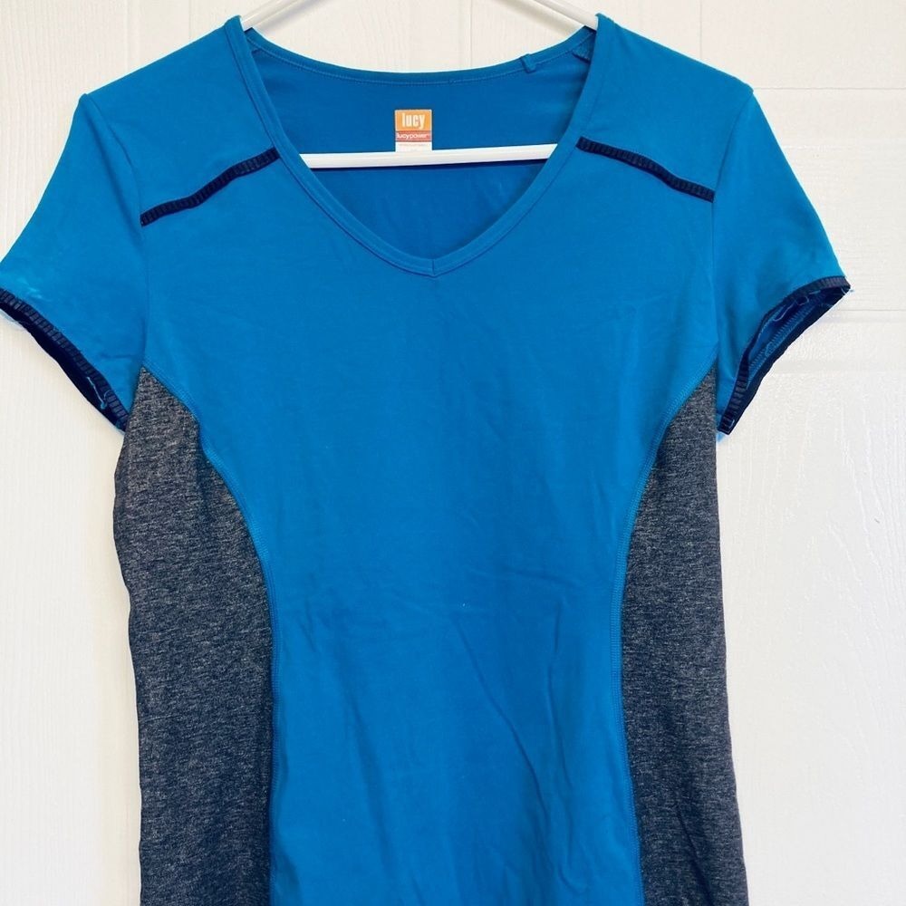 Lucy Power Athletic Top Womens Small Blue V-Neck Short Sleeve Supplex Yoga Shirt